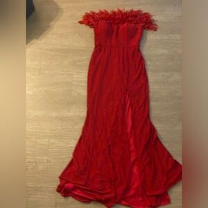 Strapless Sparkling Red Fashion Nova Dress with Feathers